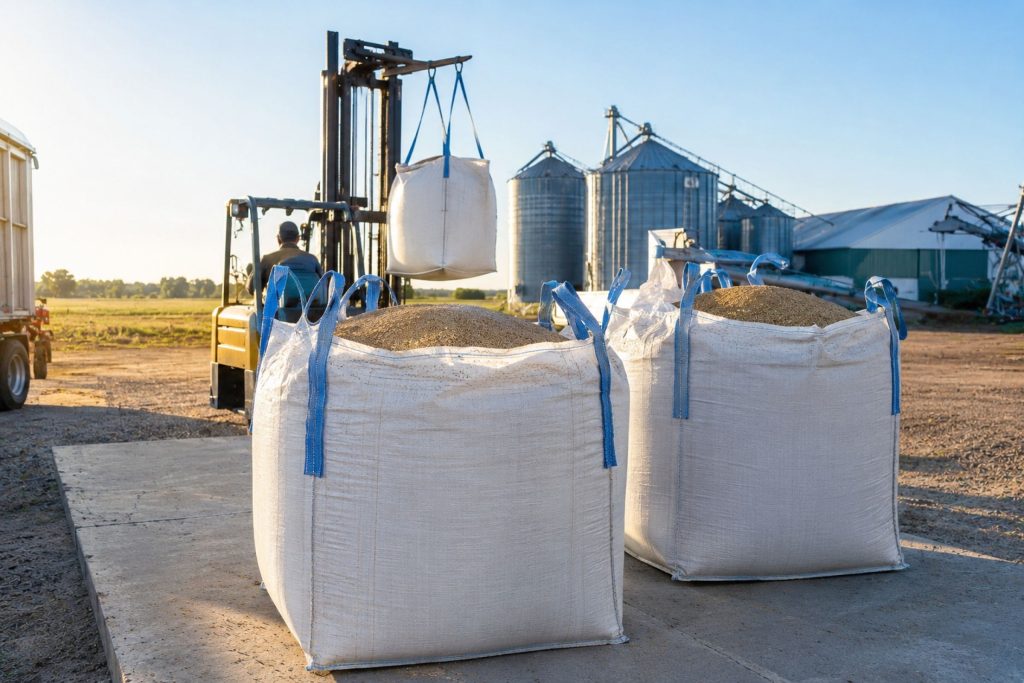 Sacs conteneurs FIBC remplis de grain, manutentionnés au chariot élévateur dans une ferme du Québec