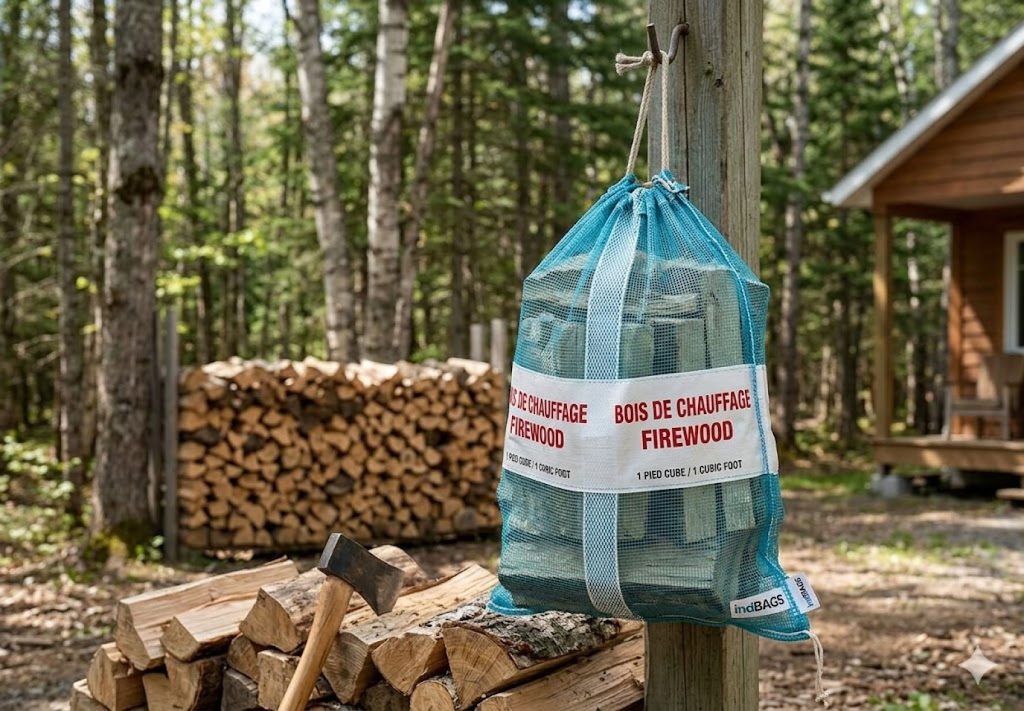 Sac filet indBAGS rempli de bois de chauffage, suspendu près d'une corde de bois