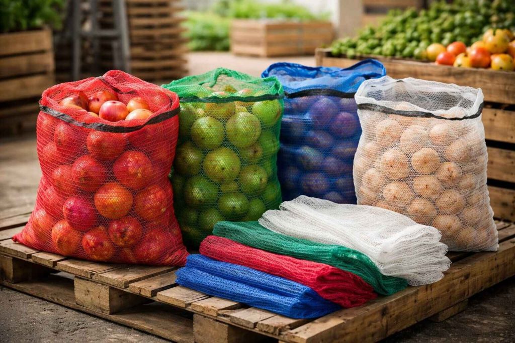 Sacs filet indBAGS remplis de pommes, de citrons et de pommes de terre sur palette