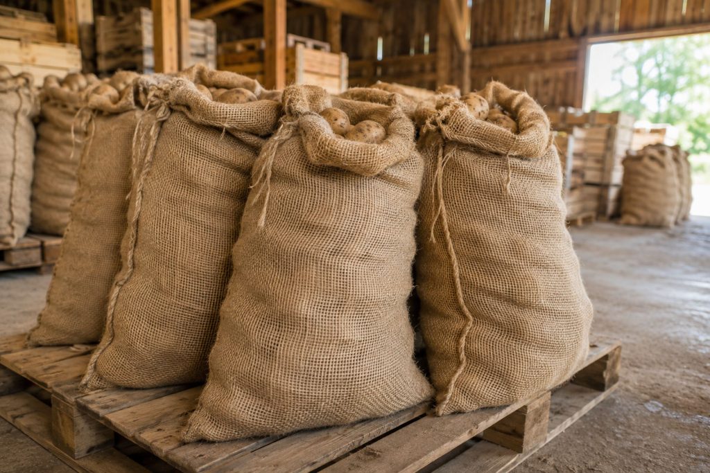 Sacs de jute naturel remplis de pommes de terre dans un entrepôt agricole au Québec