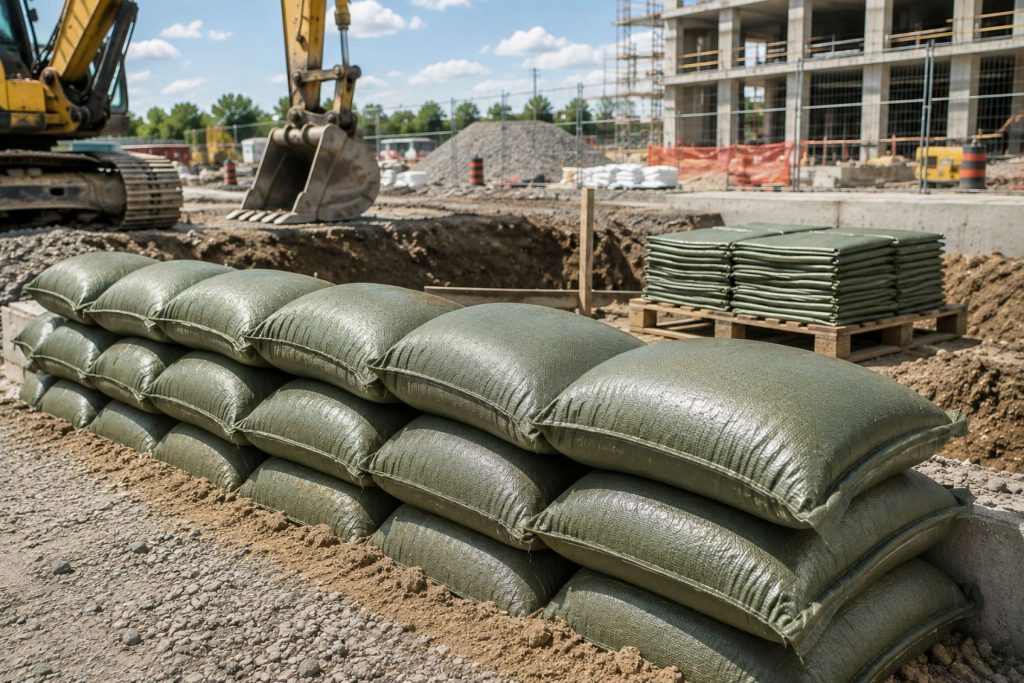 Sacs à sable en polypropylène tissé empilés sur un chantier de construction au Québec